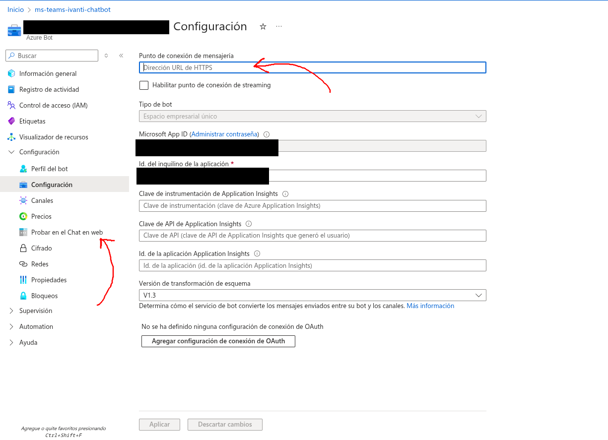 Panel de configuración de Azure Bot Services